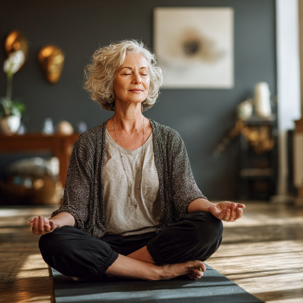 middle-aged woman practicing gentle yoga poses in peaceful studio environment