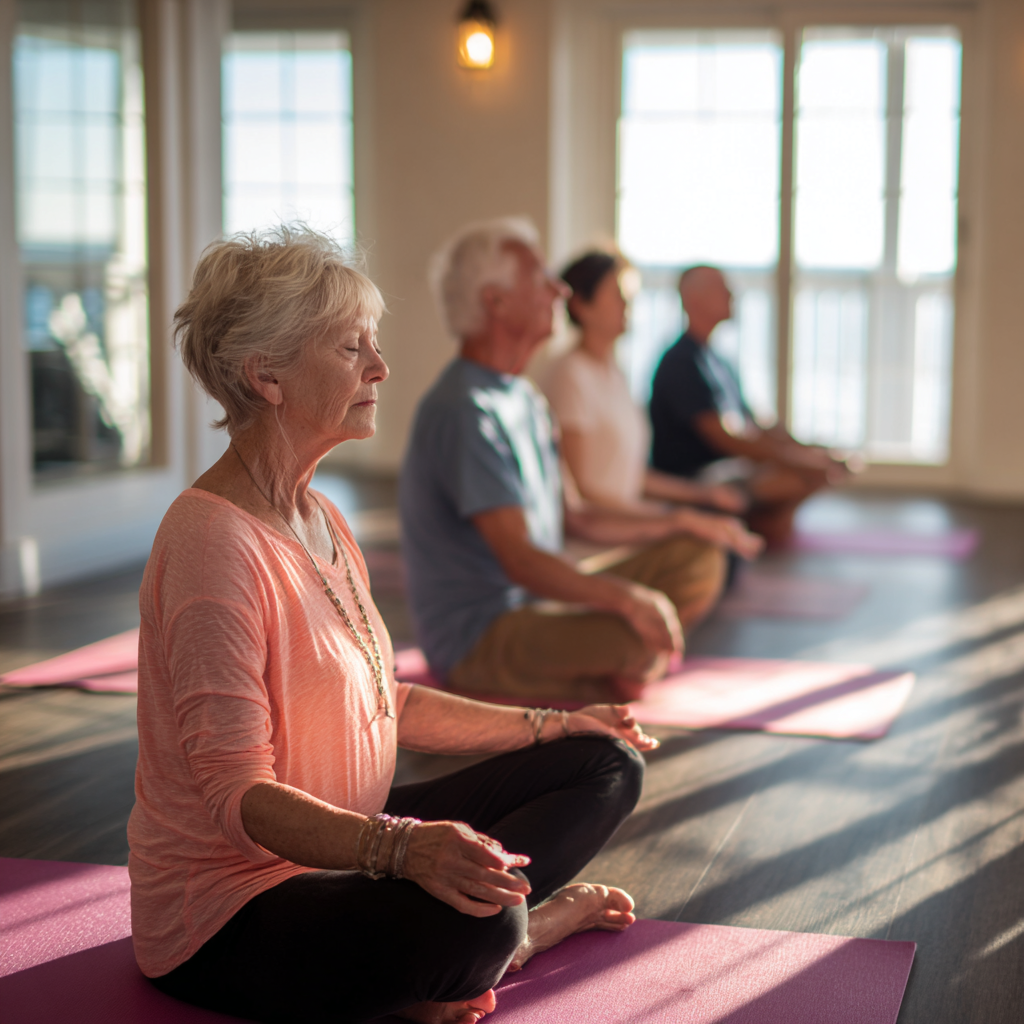 senior adults enjoying restorative yoga session in natural light filled space